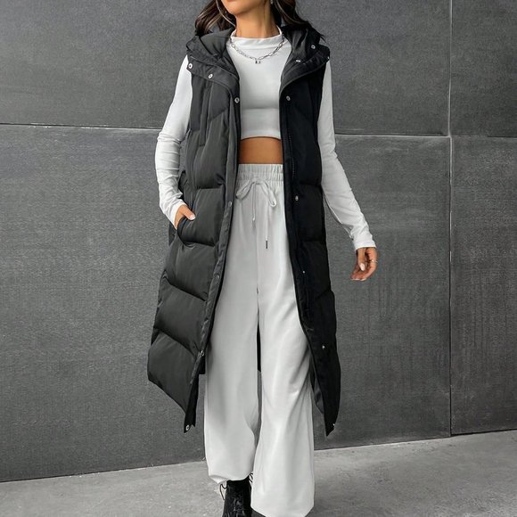 Black Preppy Womens Zip Up Snap Button Drawstring Hooded Puffer Vest Coat - Picture 6 of 6